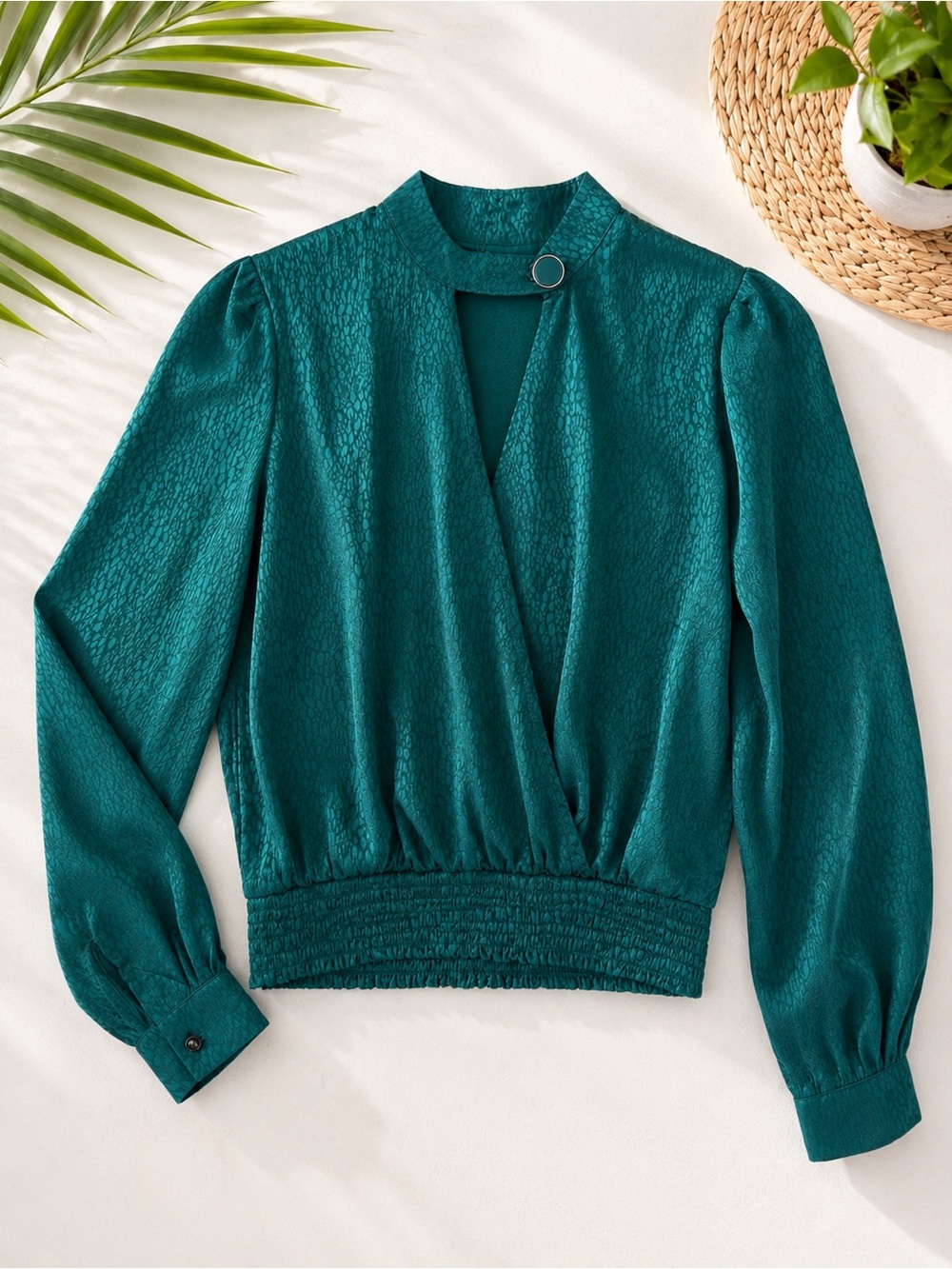 Lily White Teal Jacquard Surplice Blouse Mock Neck Ring Detail Smocked Small